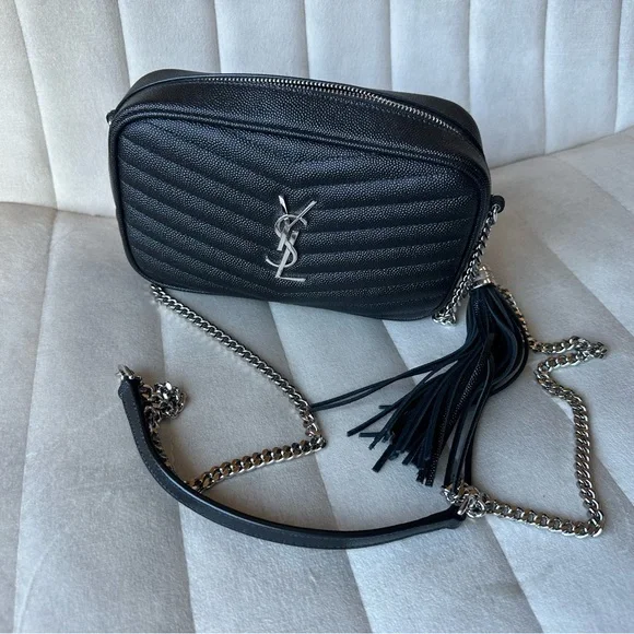 YSL Mini Lou Grain de Poudre Matelasse Monogram Bag Black Silver - Picture 1 of 6